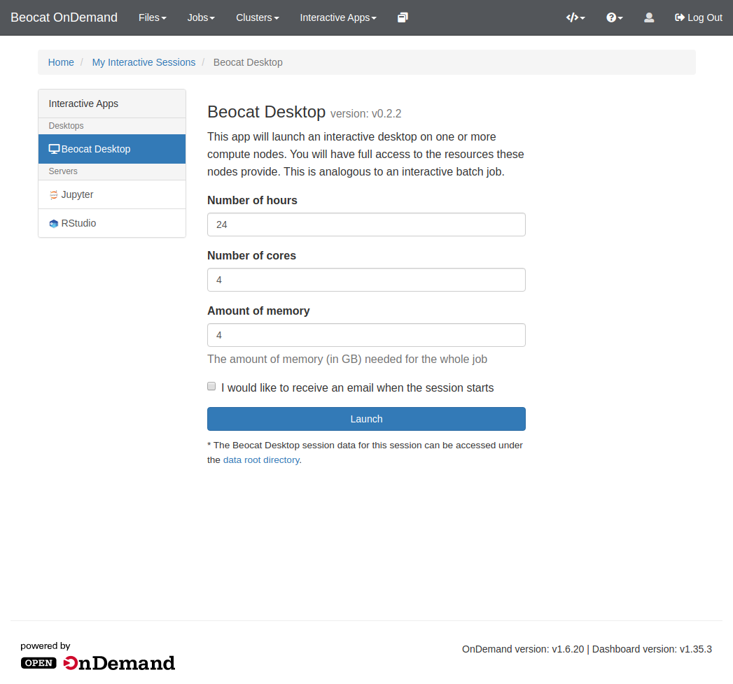 Screenshot of the options to launch a graphical desktop through OpenOnDemand