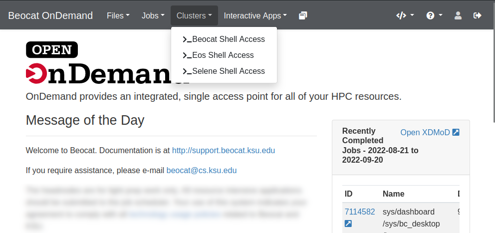 A screenshot showing the clusters dropdown from the OpenOnDemand dashboard