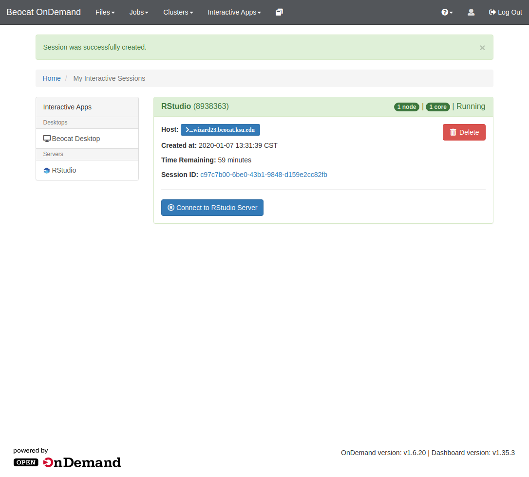 Screenshot showing the ability to connect to an RStudio job in OpenOnDemand