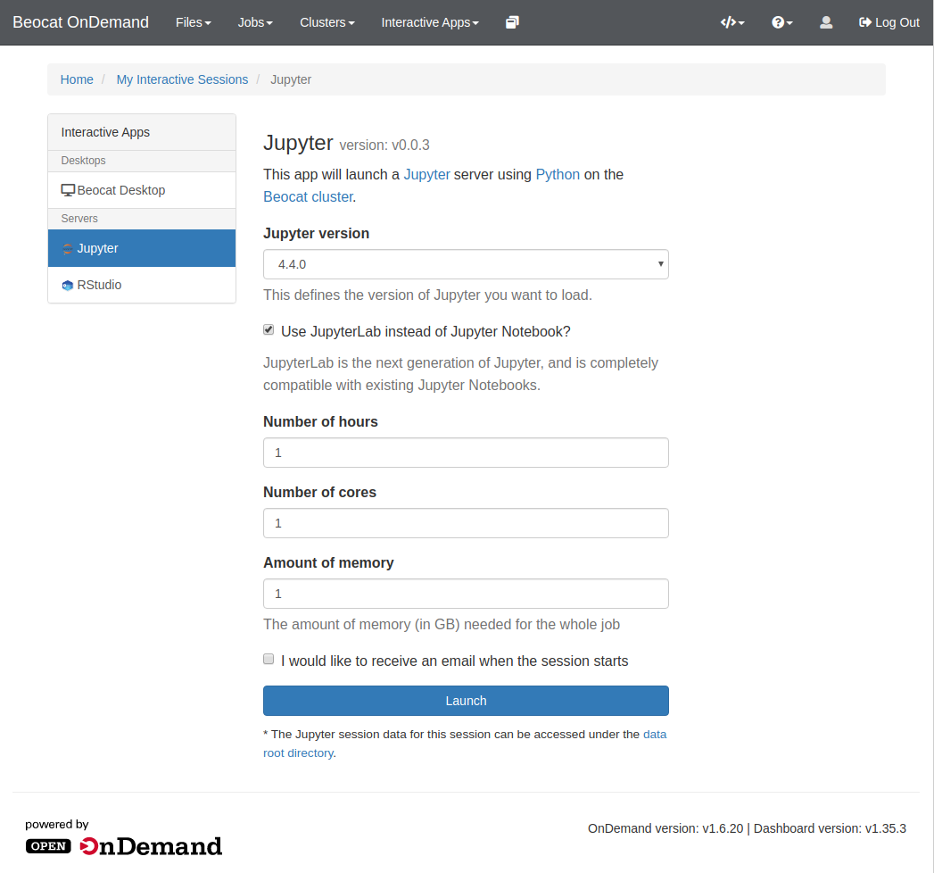 Screenshot of options to launch Jupyter