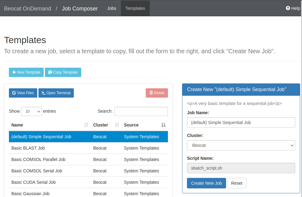 Screenshot of some example templates for jobs within openondemand
