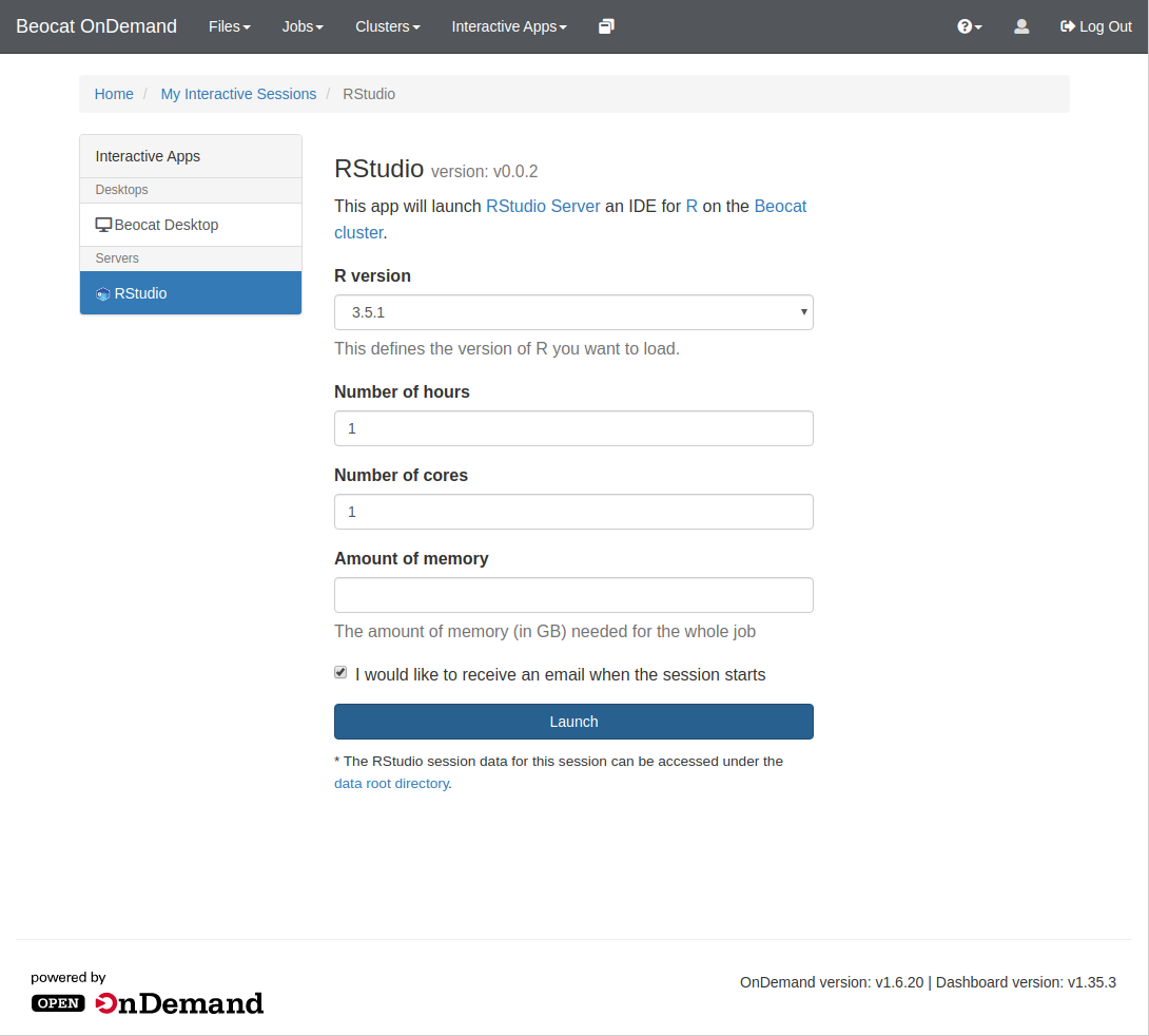 Screenshot showing the options for submitting an RStudio job in OpenOnDemand